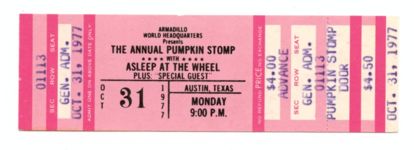 Asleep at the Wheel Vintage Ticket 1977 Oct 31 Austin TX 