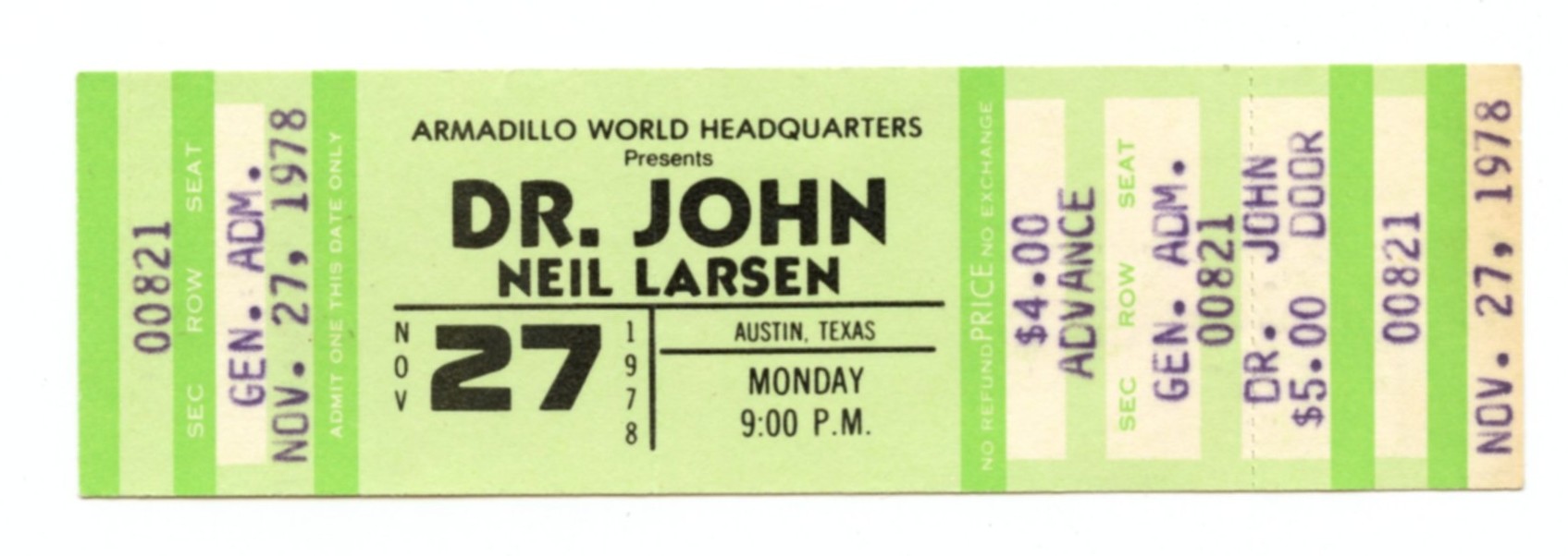 Dr. John Vintage Ticket 1978 Nov 27 Austin TX  w/ Neil Larsen