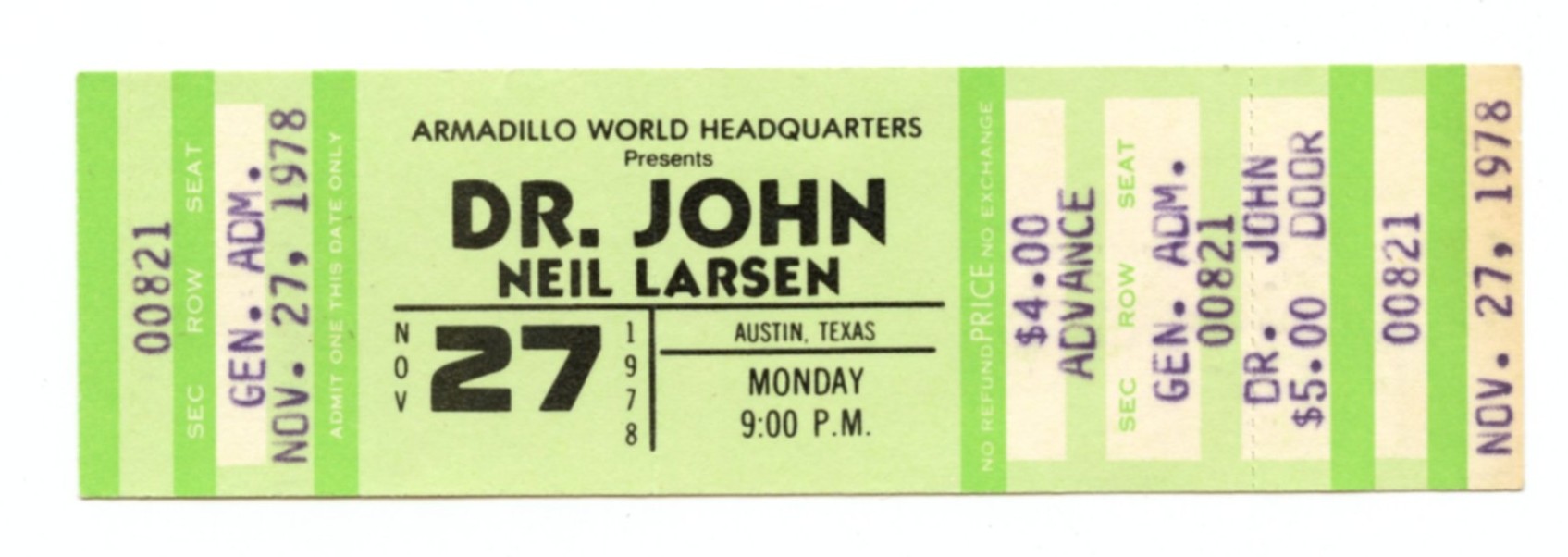 Dr. John Ticket Vintage 1978 Nov 27 Austin TX  w/ Neil Larsen