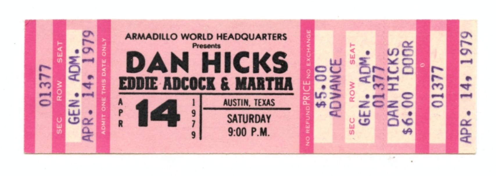 Dan Hicks Vintage Ticket 1979 Apr 14 Austin TX 