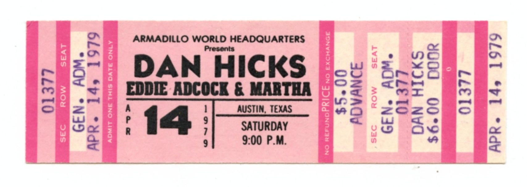 Dan Hicks Ticket Vintage 1979 Apr 14 Austin TX 