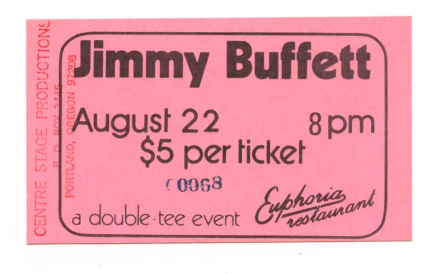 Jimmy Buffett Ticket Vintage 1975 Aug 22 Euphoria Portland 