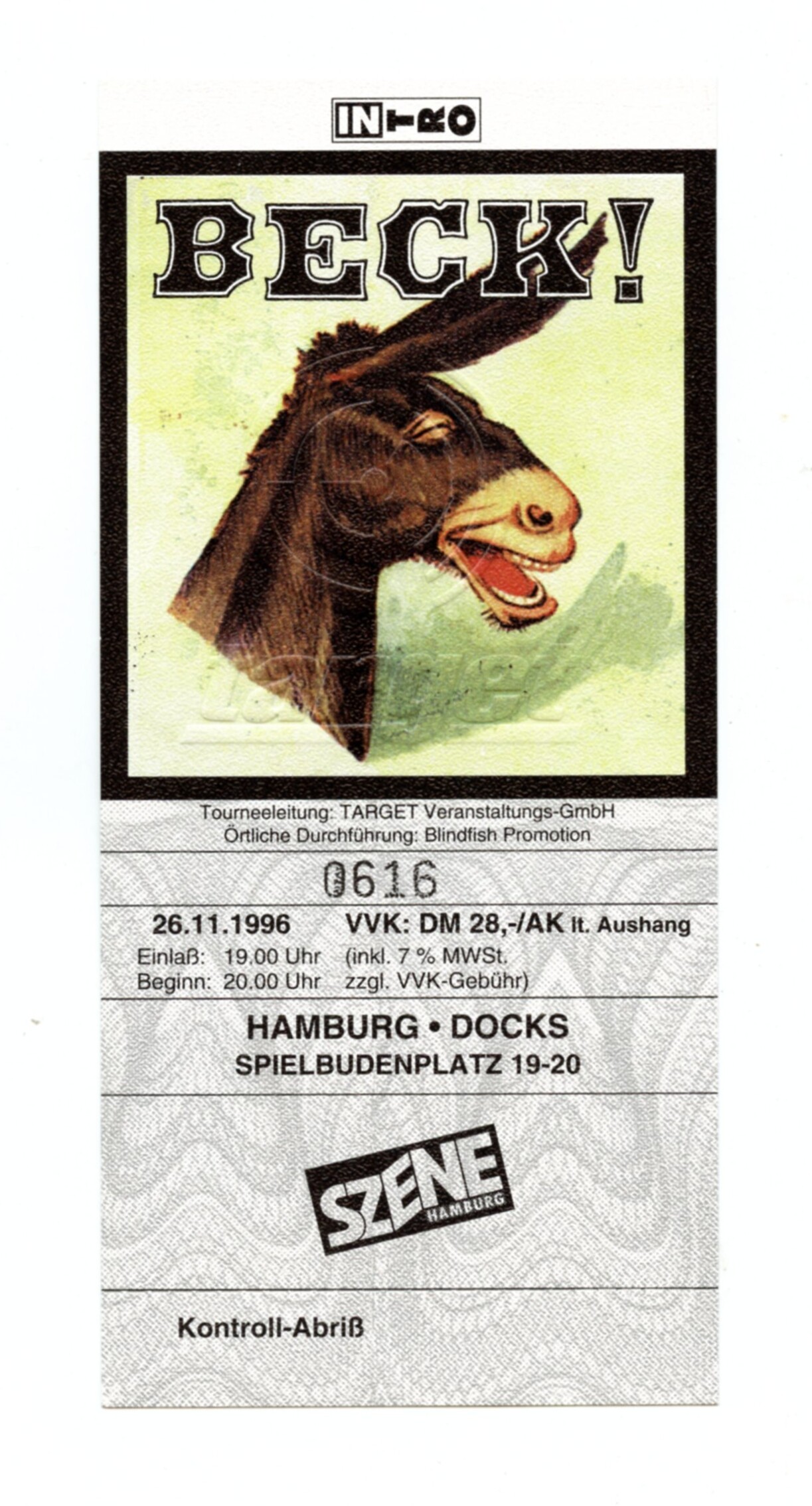 Beck Ticket Vintage 1996 Nov 26 Hamburg Germany  