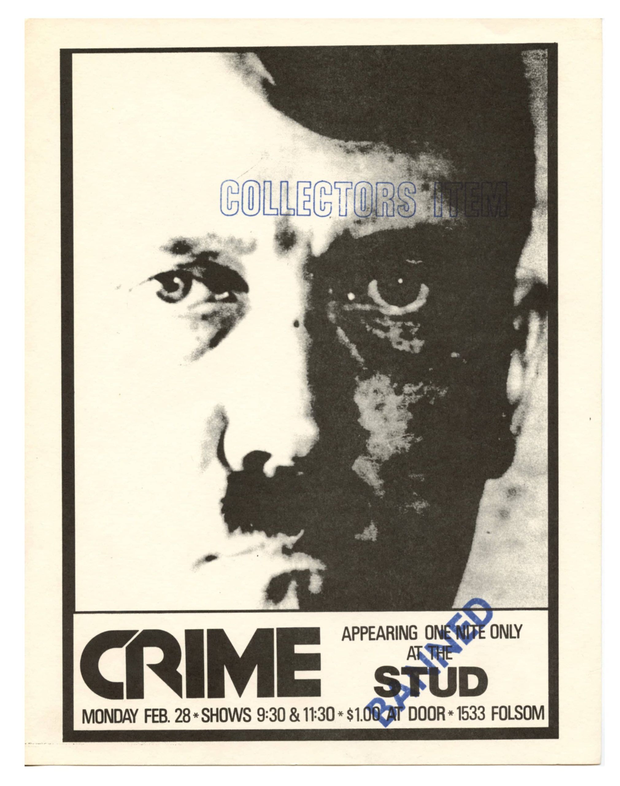 Crime Early American Punk Band  Handbill 1977 The STUD San Francisco
