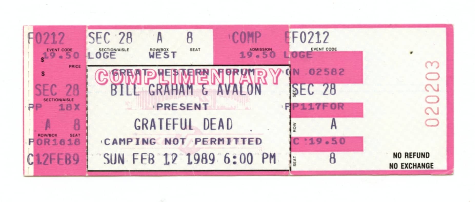 Grateful Dead Ticket Vintage 1989 Feb 12 Great Western Forum Complimentary