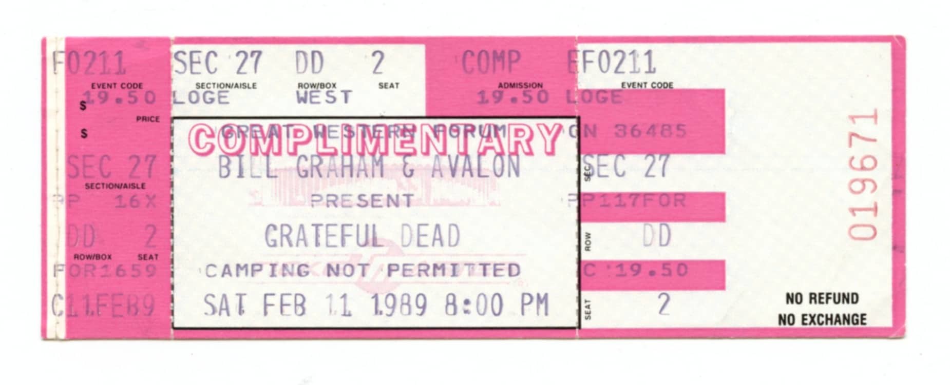 Grateful Dead Vintage Ticket 1989 Feb 11 Great Western Forum Complimentary