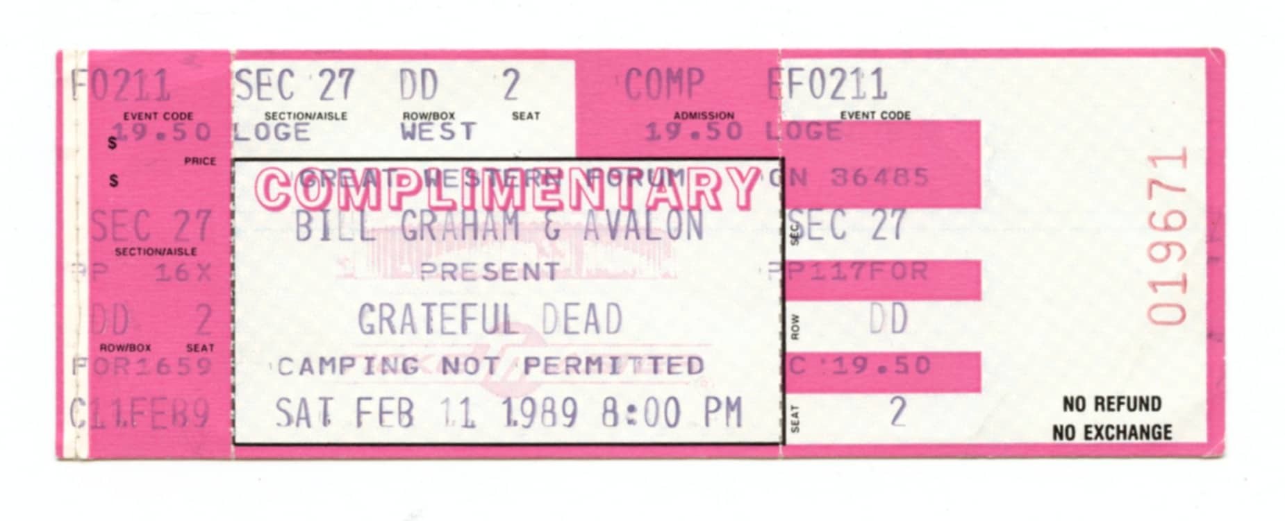 Grateful Dead Ticket Vintage 1989 Feb 11 Great Western Forum Complimentary