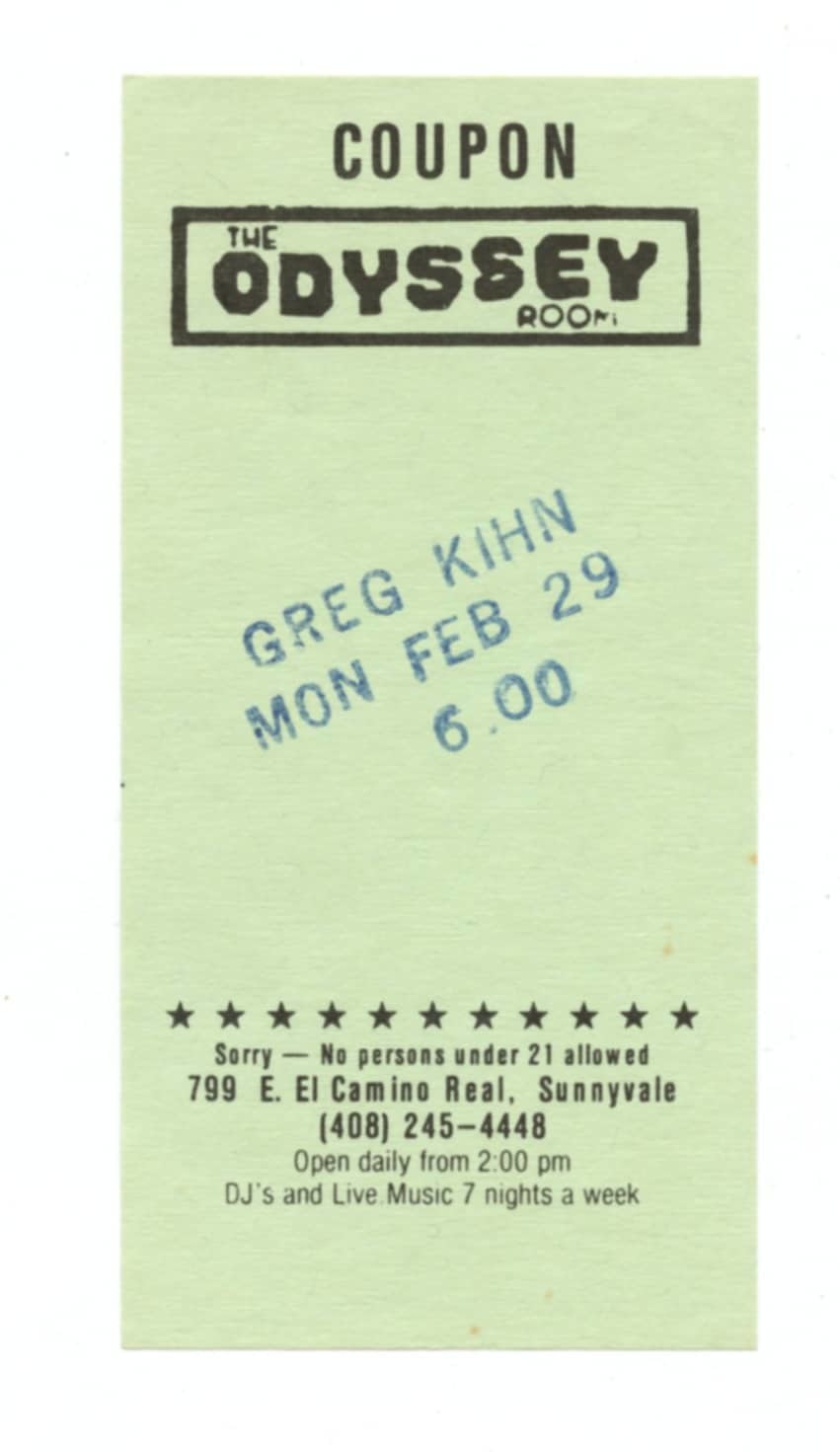 Odyssey Room Vintage Ticket 1988 Feb 29 Greg Kihn 
