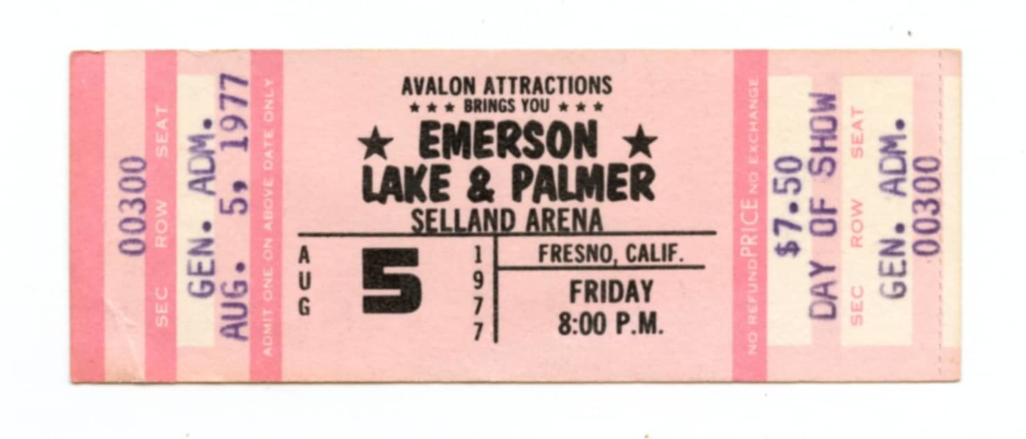 Emerson Lake & Palmer Vintage Ticket 1977 Aug 5 Selland Arena Fresno 
