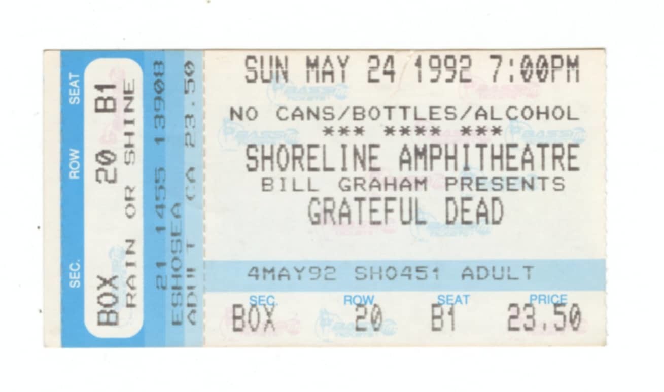 Grateful Dead Ticket Stub 1992 May 24 Shoreline Amphitheatre