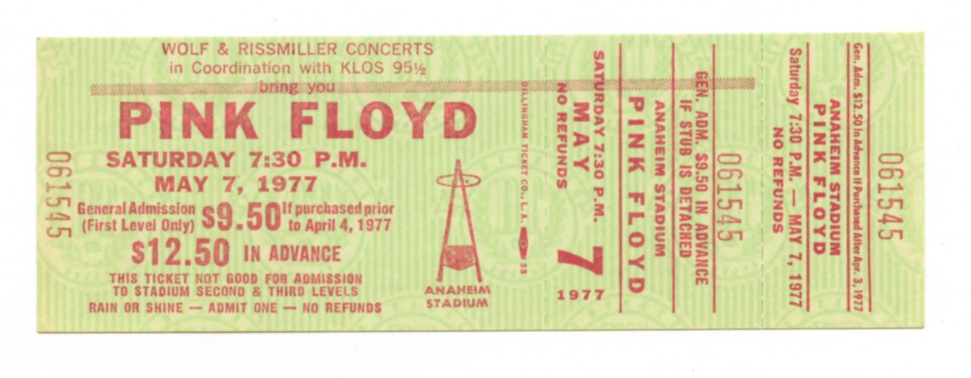 Pink Floyd Vintage Ticket 1977 May 7 Anaheim Stadium 