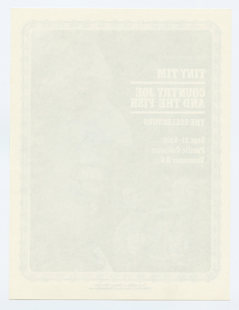 Tiny Tim Country Joe & the Fish The Collectors Handbill 1969 Sep 21 Vancouver