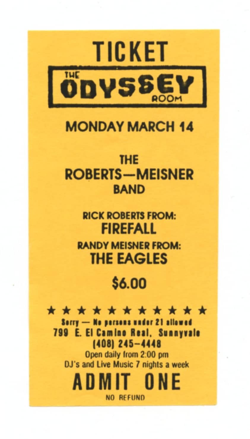 Odyssey Room Ticket Vintage 1988 Mar 14 Roberts Meisner Band 