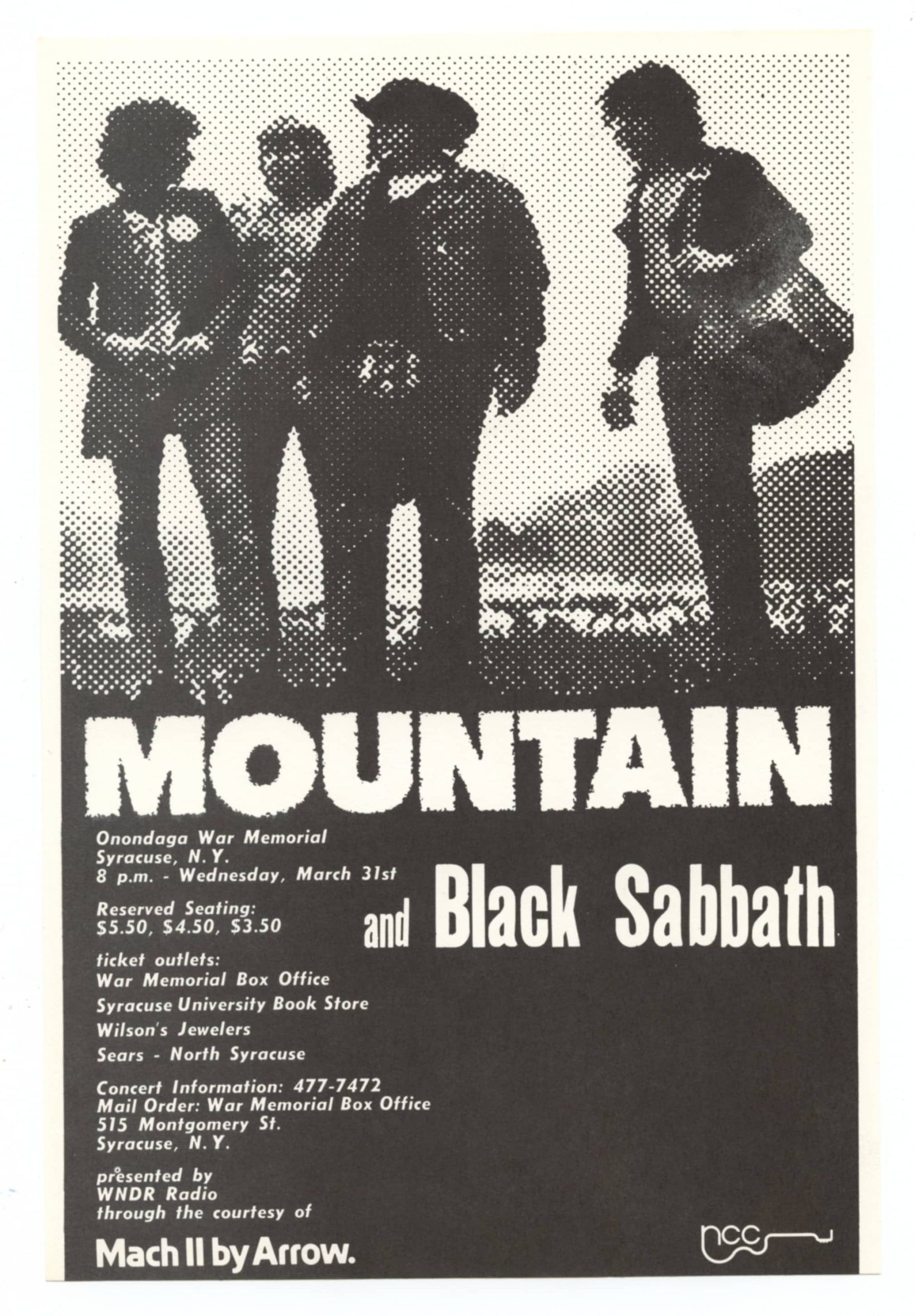 Mountain Black Sabbath Handbill 1971 Mar 31 Onondaga County War Memorial Arena
