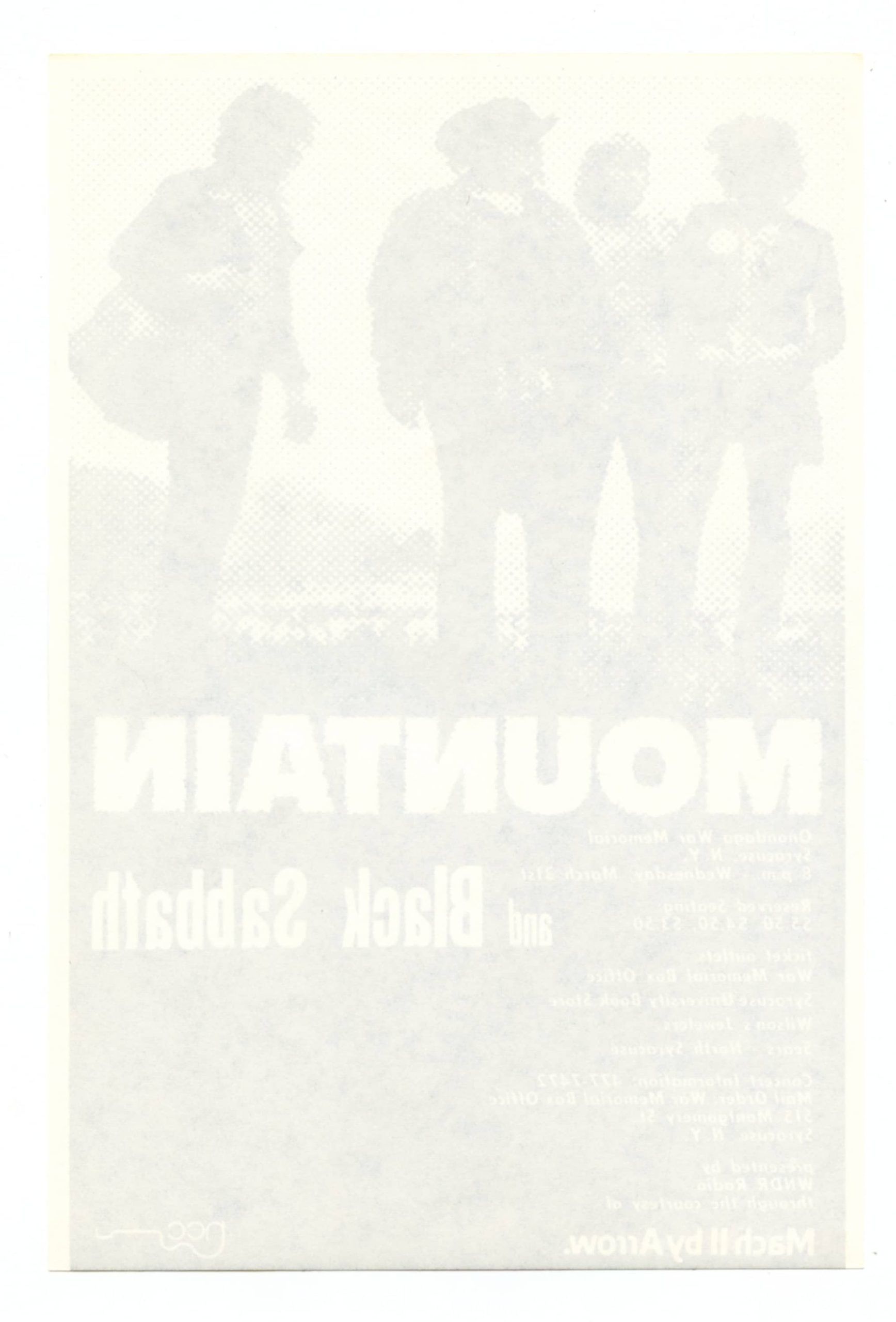 Mountain Black Sabbath Handbill 1971 Mar 31 Onondaga County War Memorial Arena