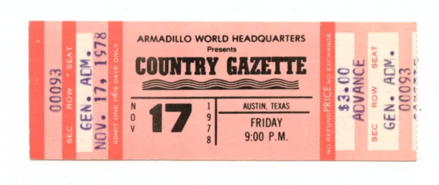 Country Gazette Vintage Ticket 1978 Nov 17 Austin Tx