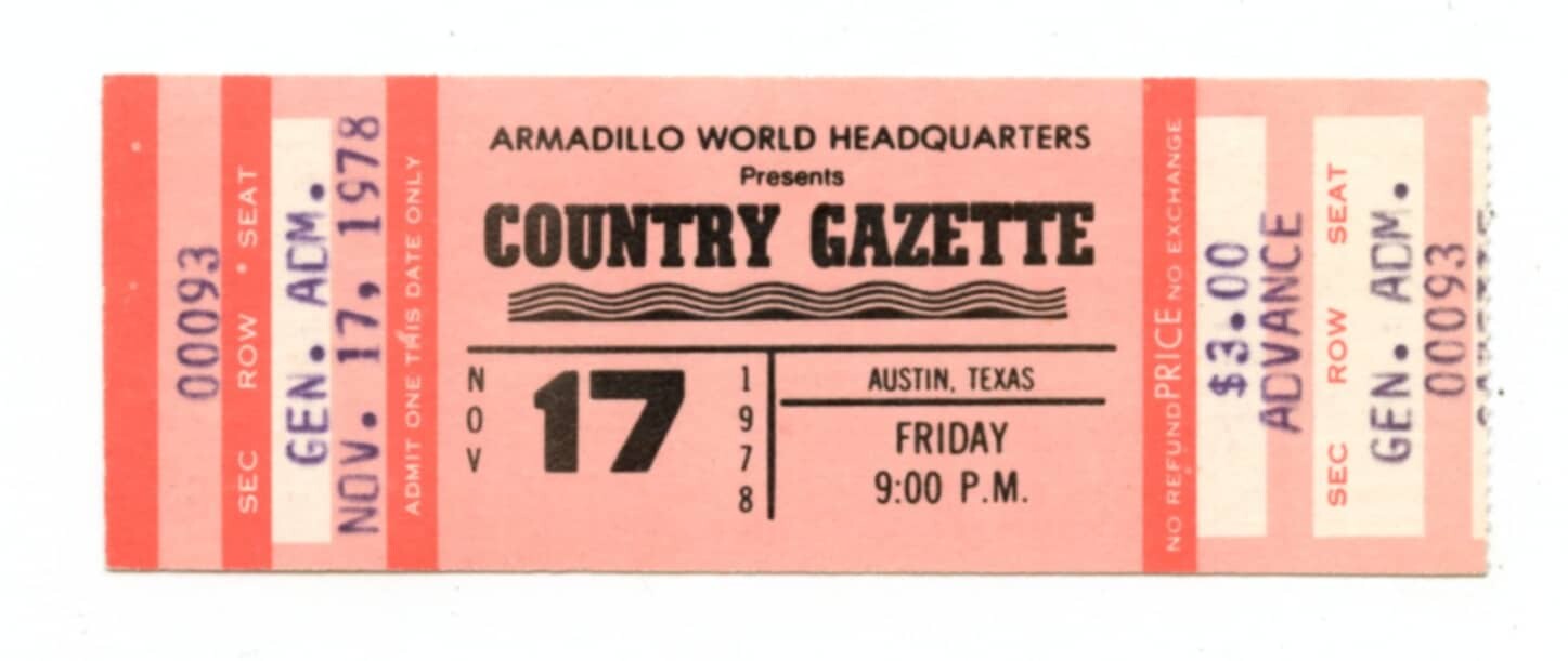 Country Gazette Ticket Vintage 1978 Nov 17 Austin Tx