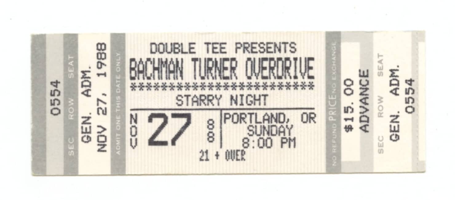 Bachman Turner Overdrive Vintage Ticket 1988 Nov 27 Portland