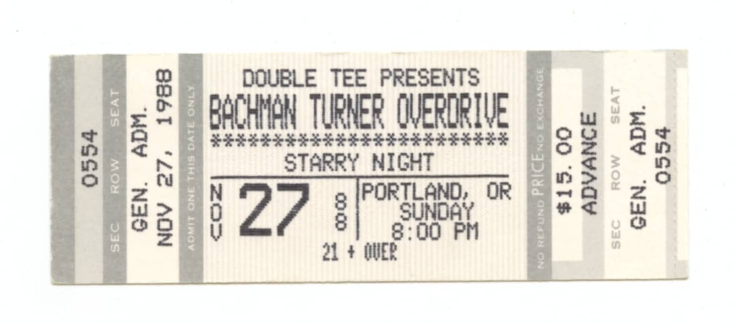 Bachman Turner Overdrive Ticket Vintage 1988 Nov 27 Portland
