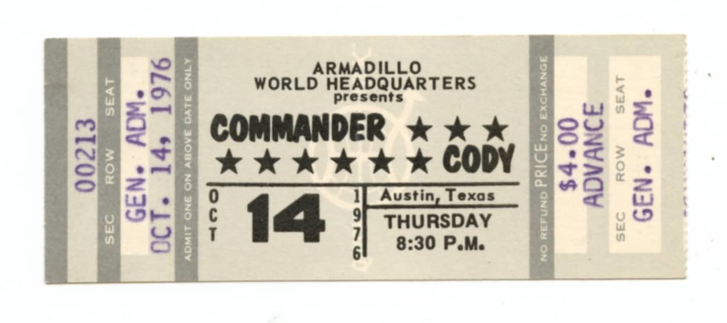 Commander Cody Ticket Vintage 1976 Oct 14 Austin Tx