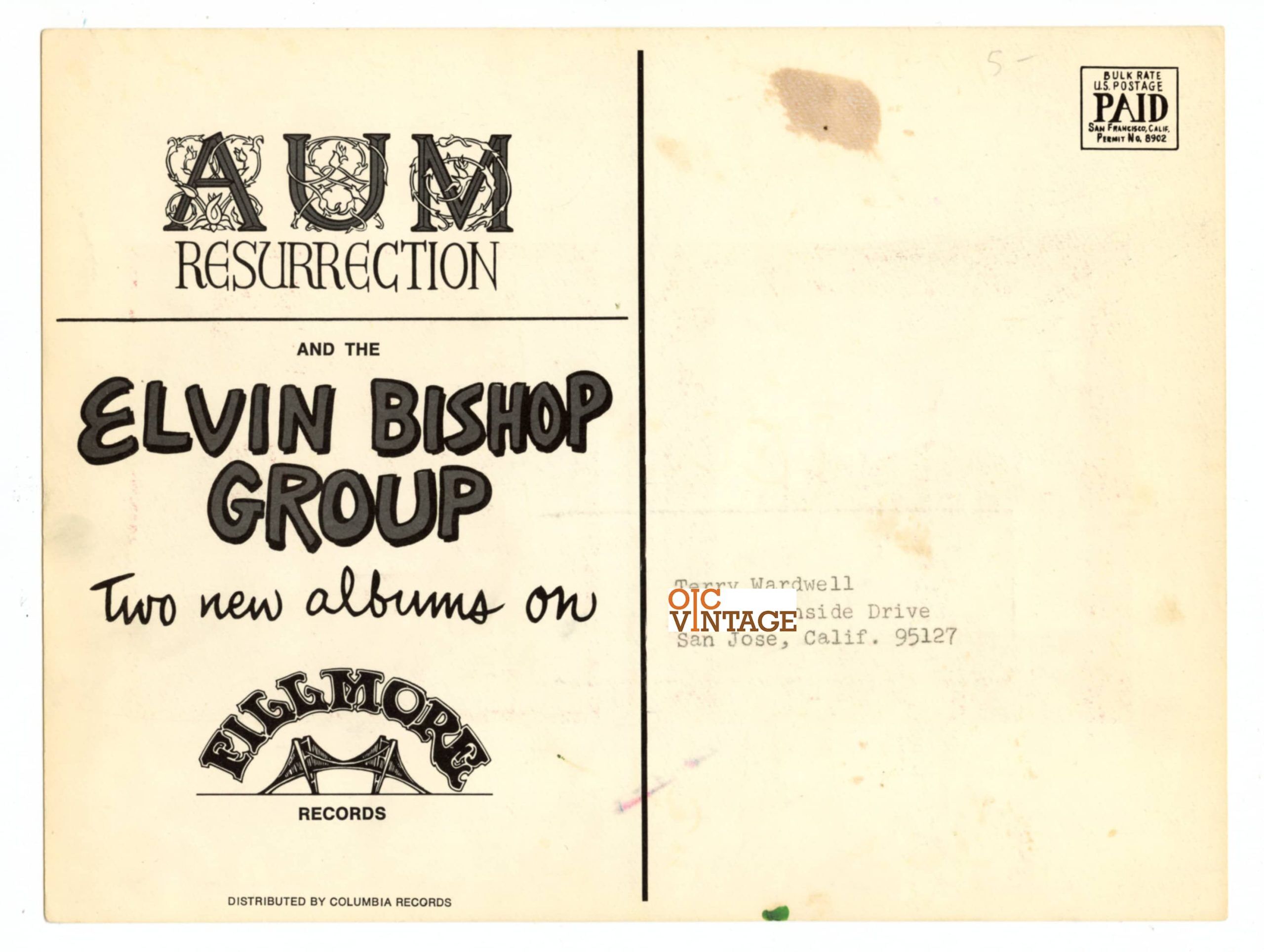 Elvin Bishop Postcard Mailed w/ AUM 1969 Fillmore Records