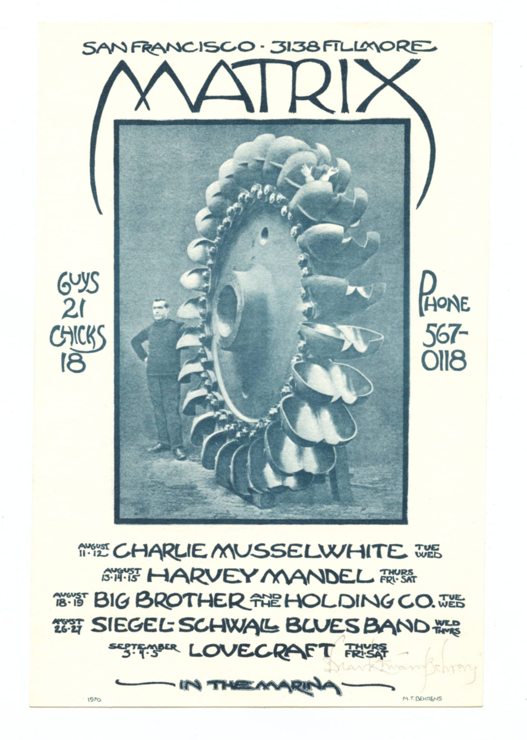 Charlie Musselwhite Handbill w/ Harvey Mandel 1970 Matrix Mark T. Behrens signed