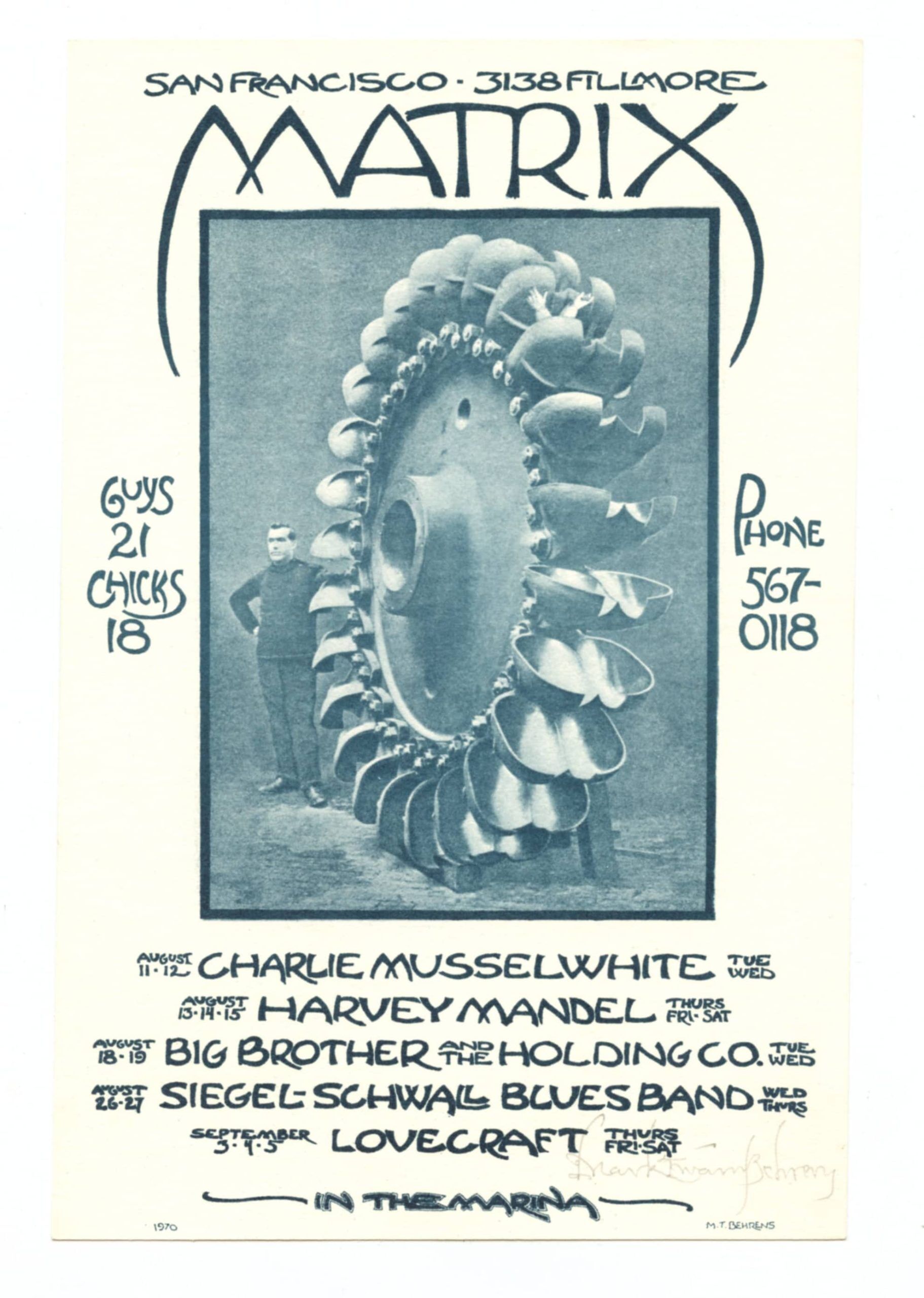Matrix Handbill 1970 Charlie Musselwhite Harvey Mandel Mark T. Behrens signed
