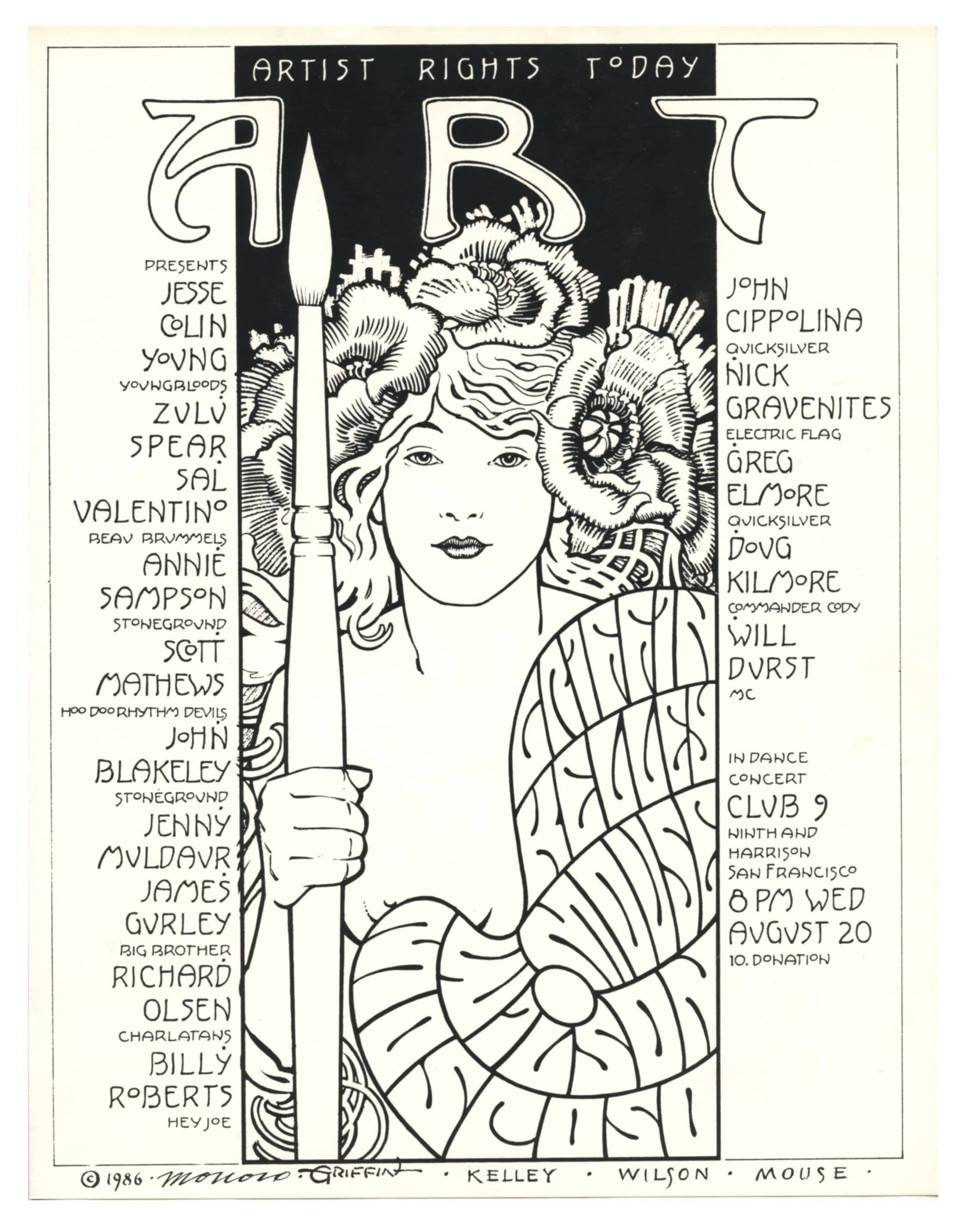 Rick Griffin Handbill 1986 Artist Rights Today Jesse Colin Young John Cippolina James Gurley