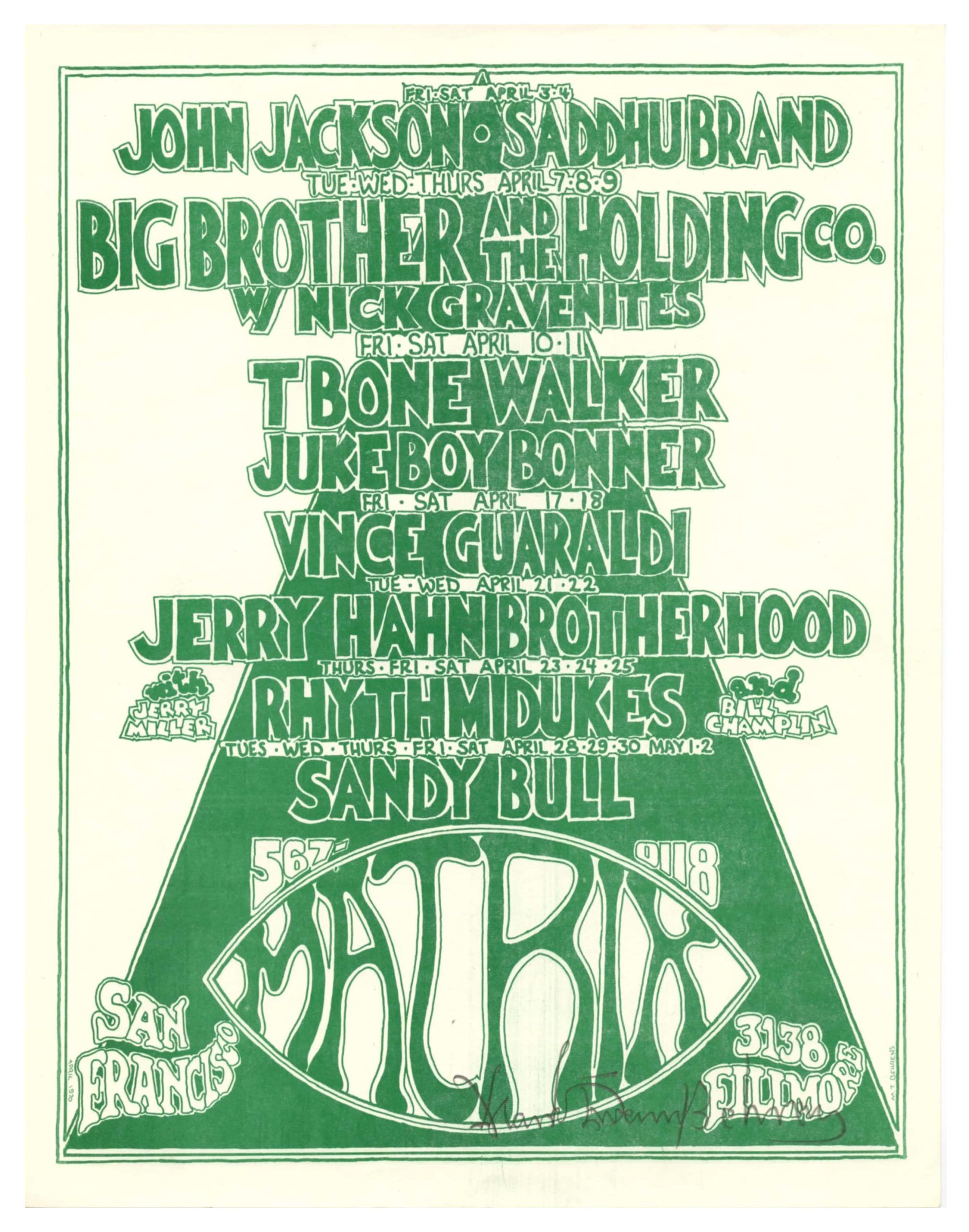 Big Brother and the Holding Co Handbill w/ John Jackson 1970 April Matrix SF Mark Behrens signed
