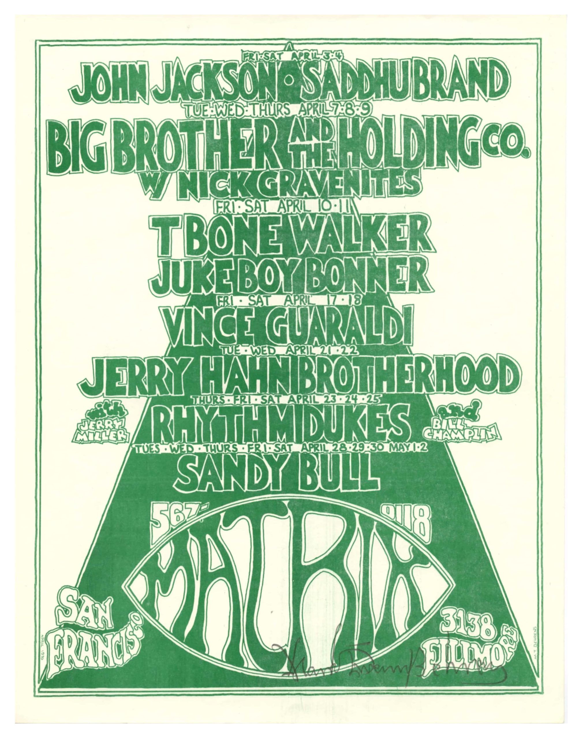 Matrix Handbill 1970 Big Brother and the Holding Company Nick Gravenites Mark Behrens signed