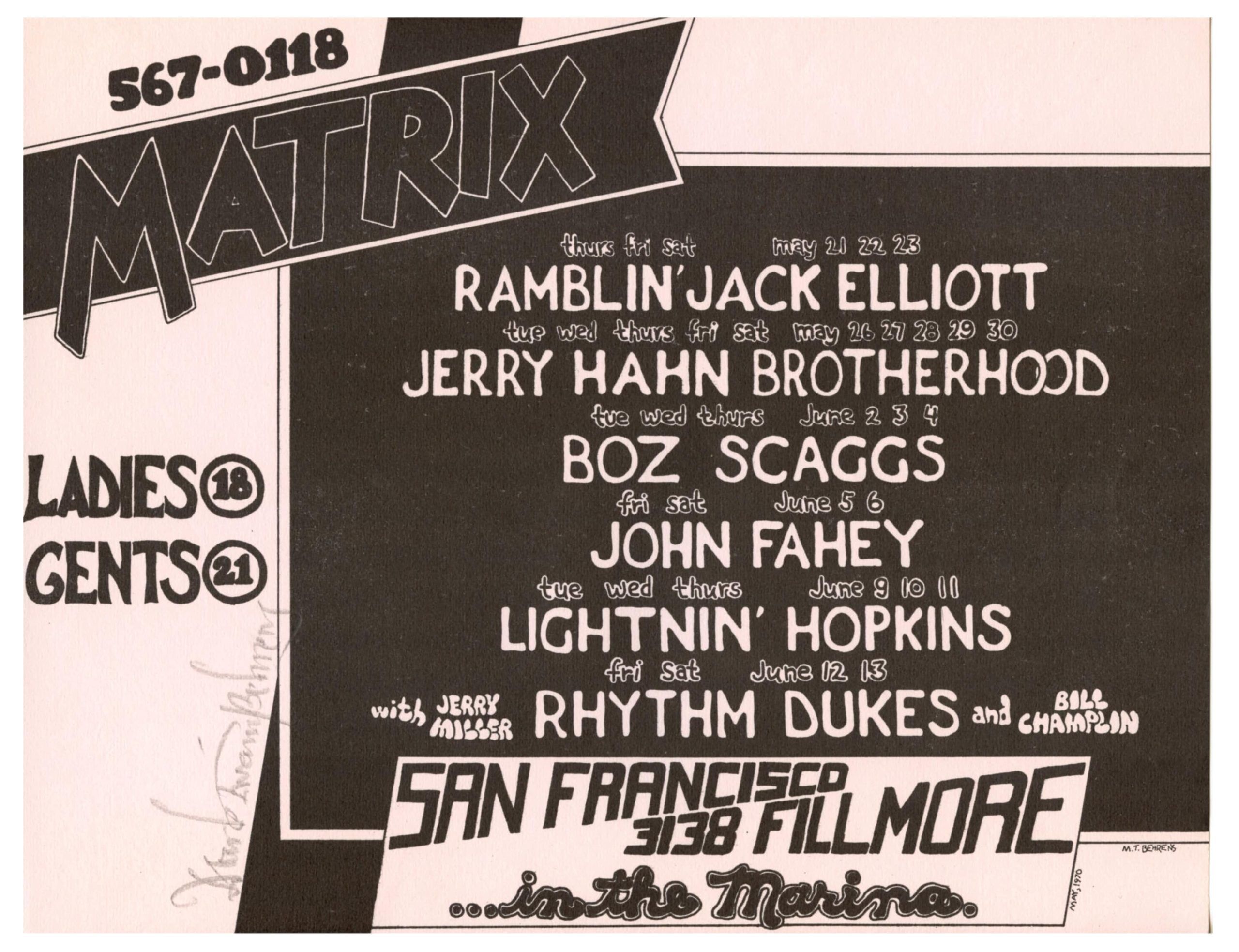 Boz Scaggs Handbill w/ Ramblin' Jack Elliott 1970 Matrix Mark T. Behrens signed