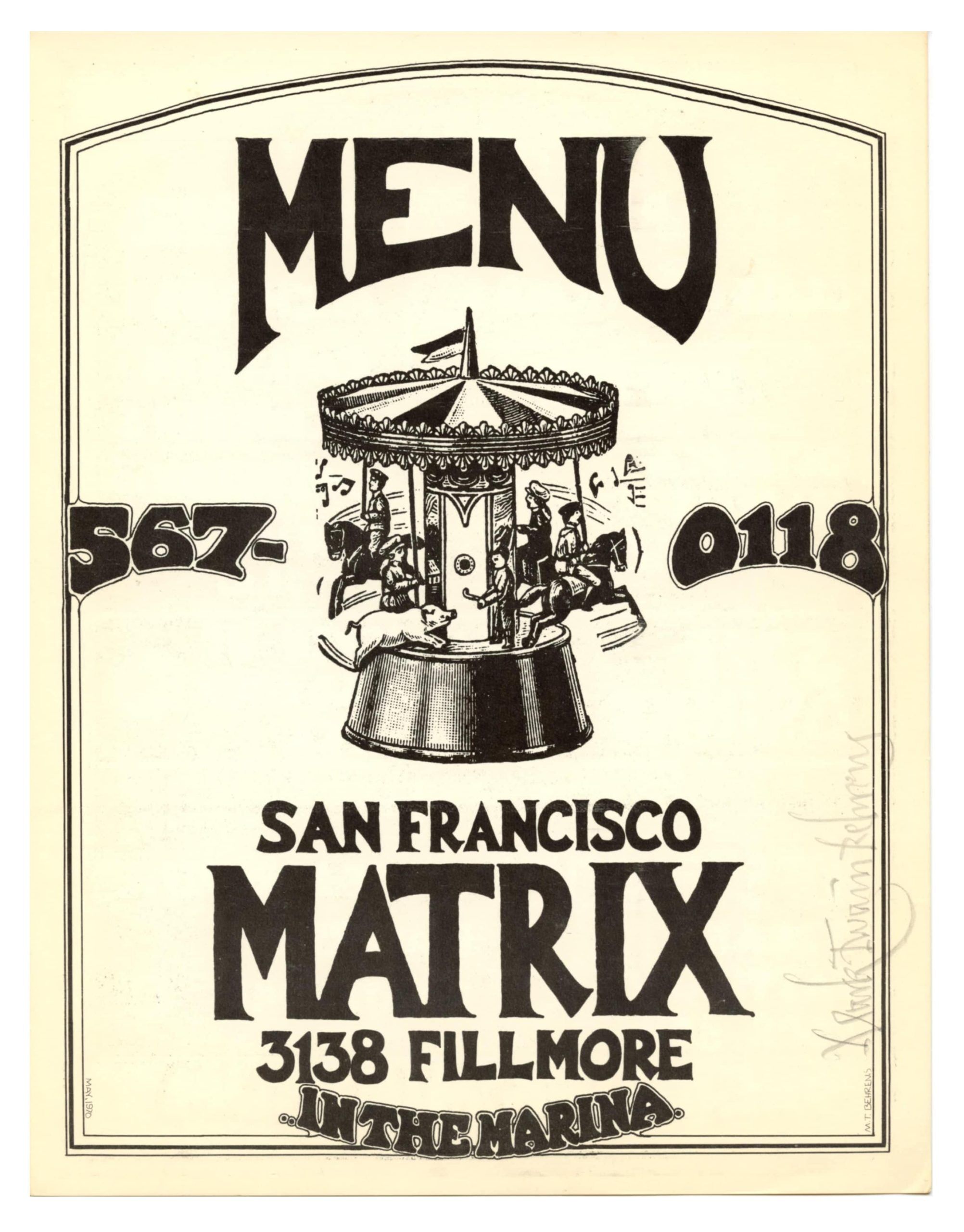 Matrix San Francisco Club Menu Design 1970 Mark T. Behrens Signed