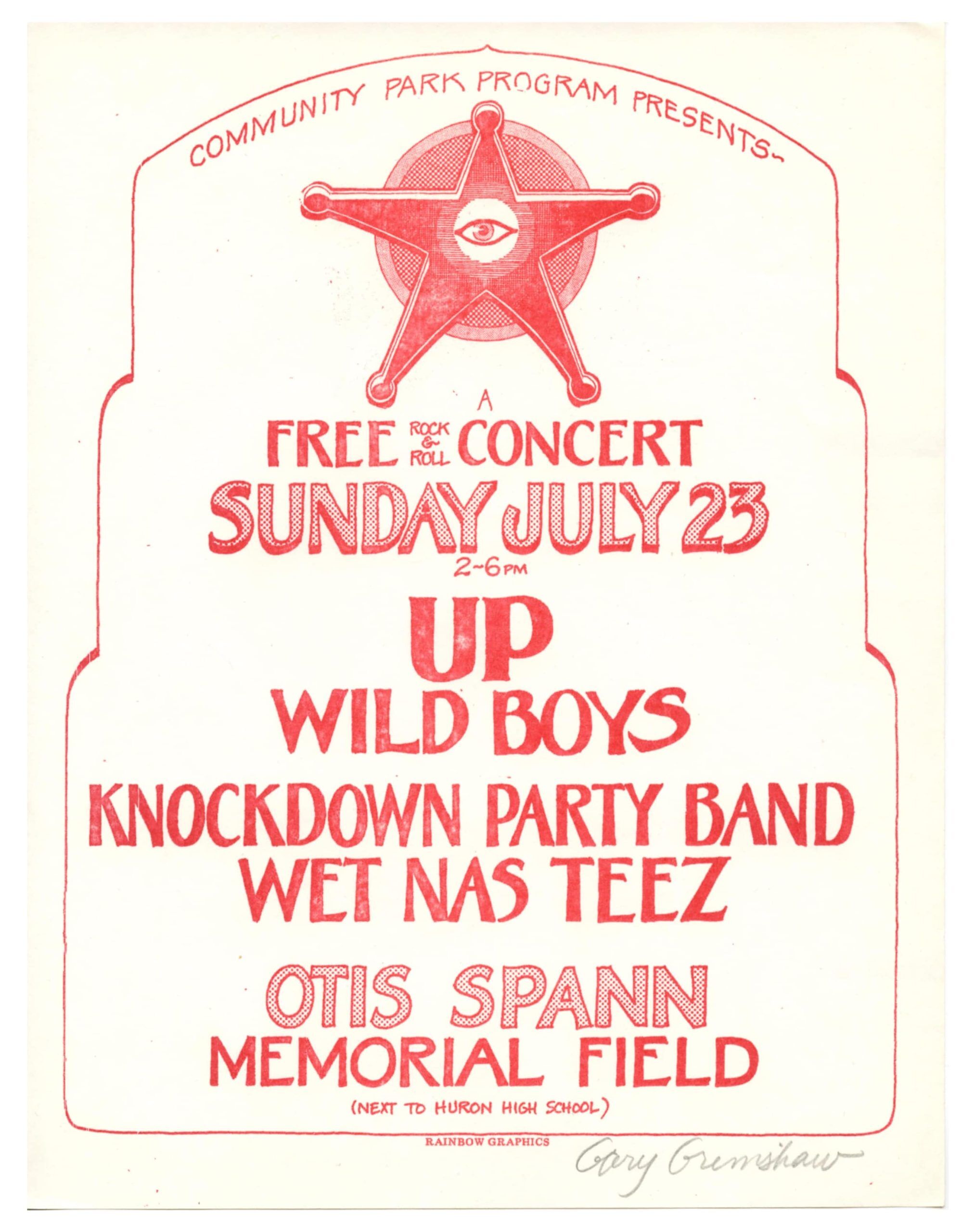 Knockdown Party Band UP Handbill 1972 Jul 23 Ann Arbor Grimshaw signed