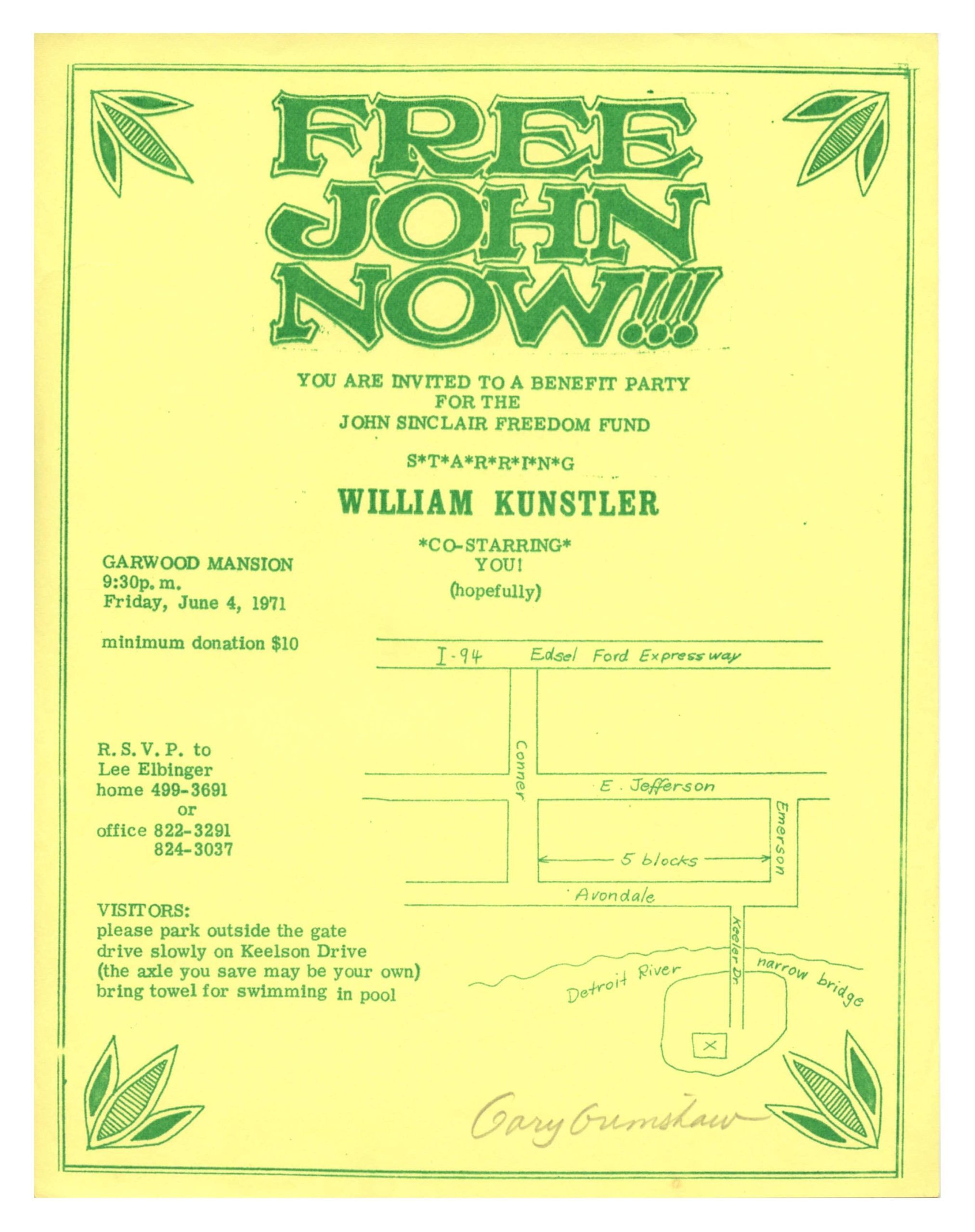 Free John Sinclair Now Handbill 1971 Jun 4 Garwood Mansion Gary Grimshaw Signed 