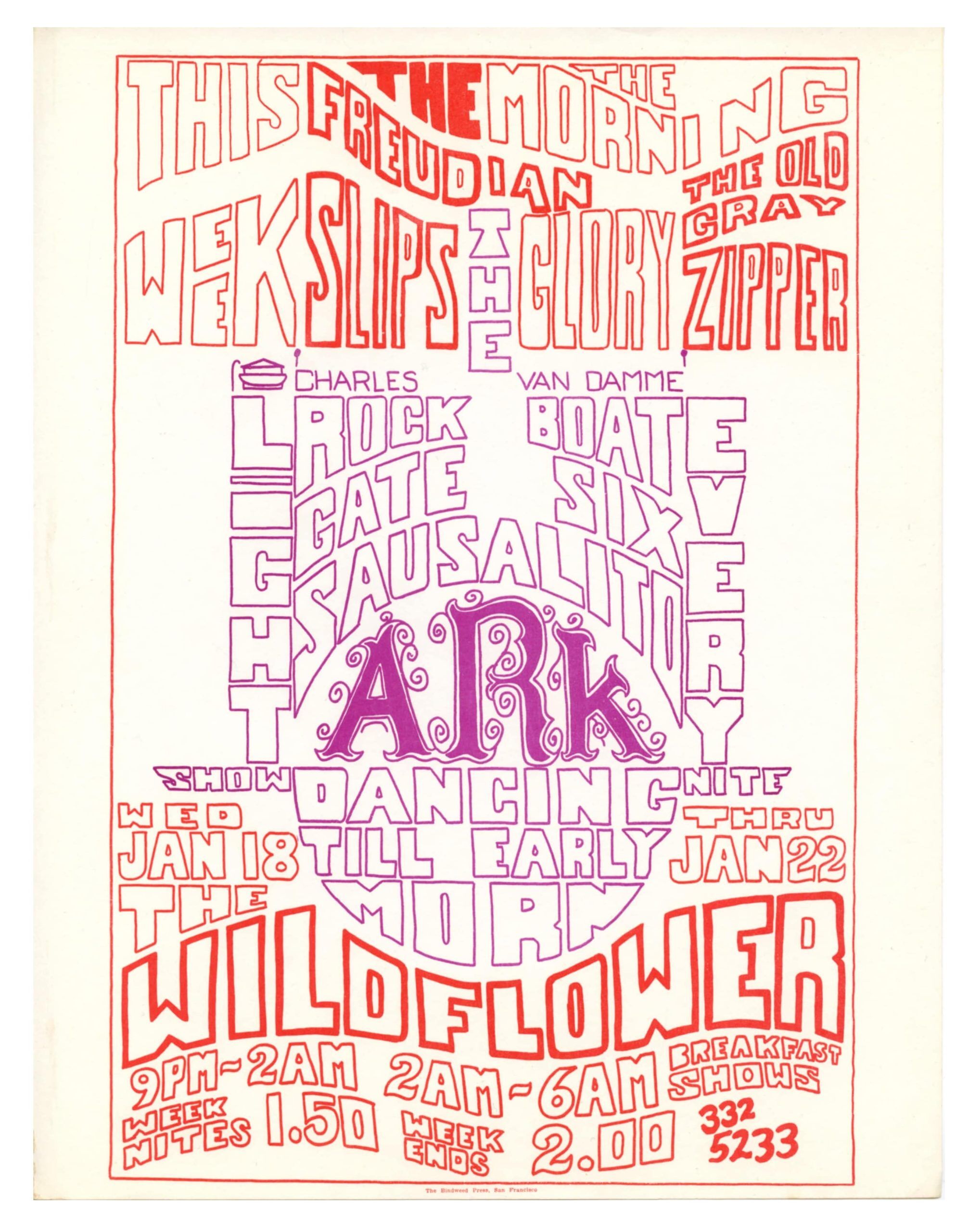 Ark Sausalito Handbill 1967 Morning Glory Wild Flower Old Gray Zipper The Freudian Slips