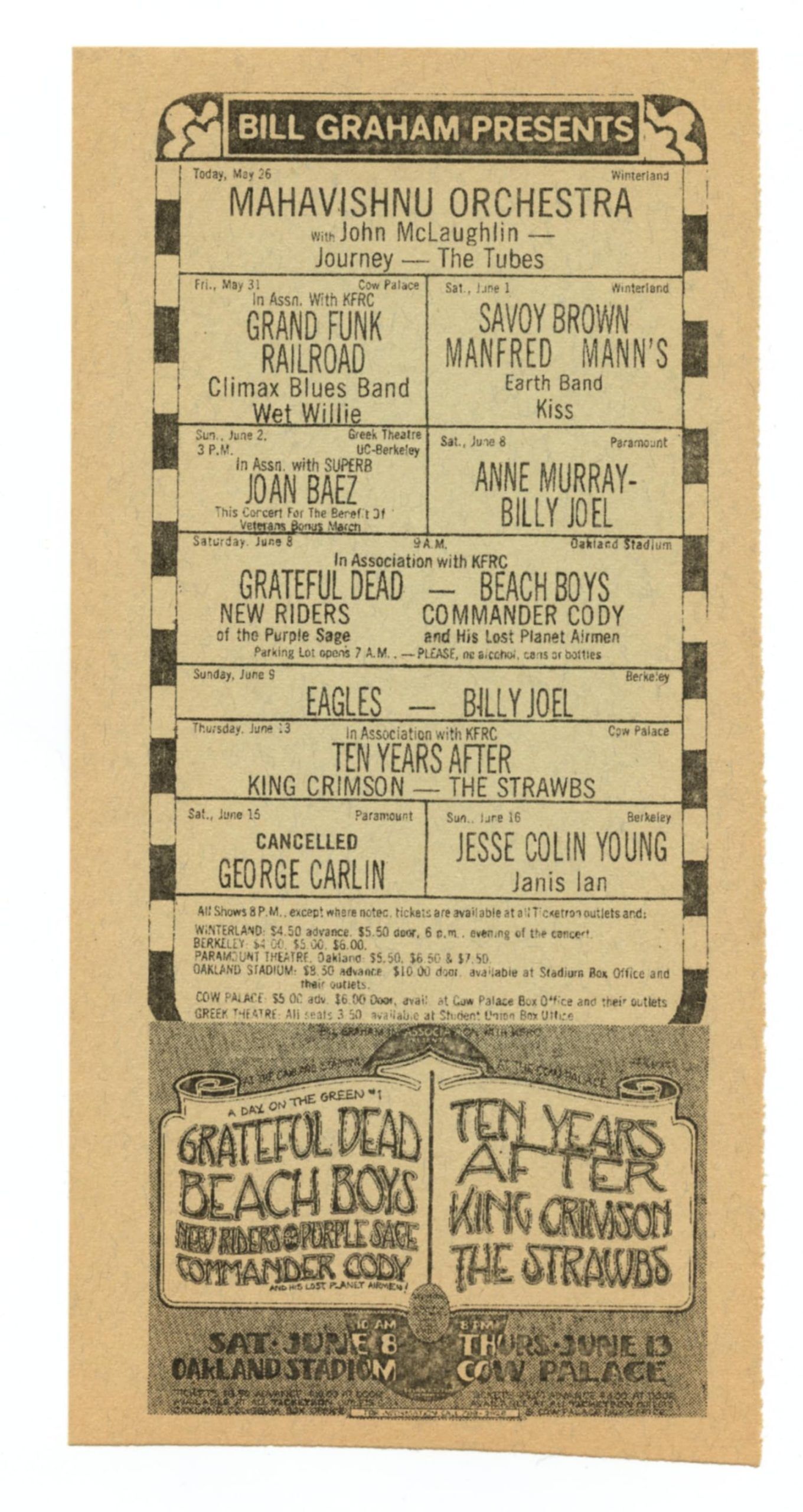 Bill Graham Presents Handbill 1974 May Grateful Dead Eagles Billy Joel Joan Baez