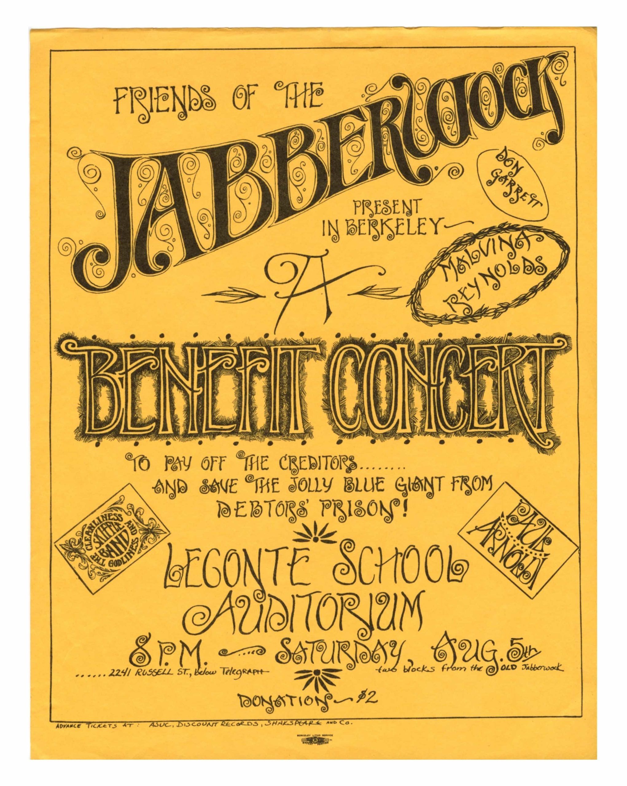 Dan Garrett Handbill Malvina Reynolds 1967 Aug 5 Berkeley Jabberwock present