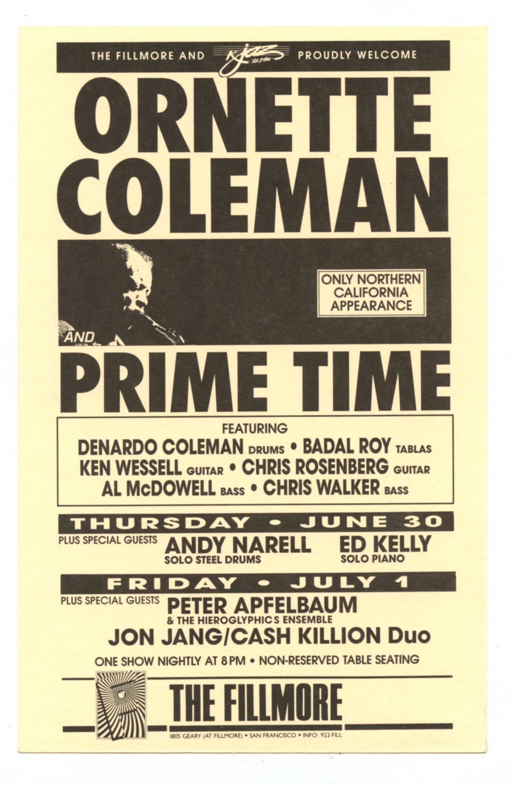 Ornette Coleman and Prime Time Handbill 1988 Jun 30 New Fillmore