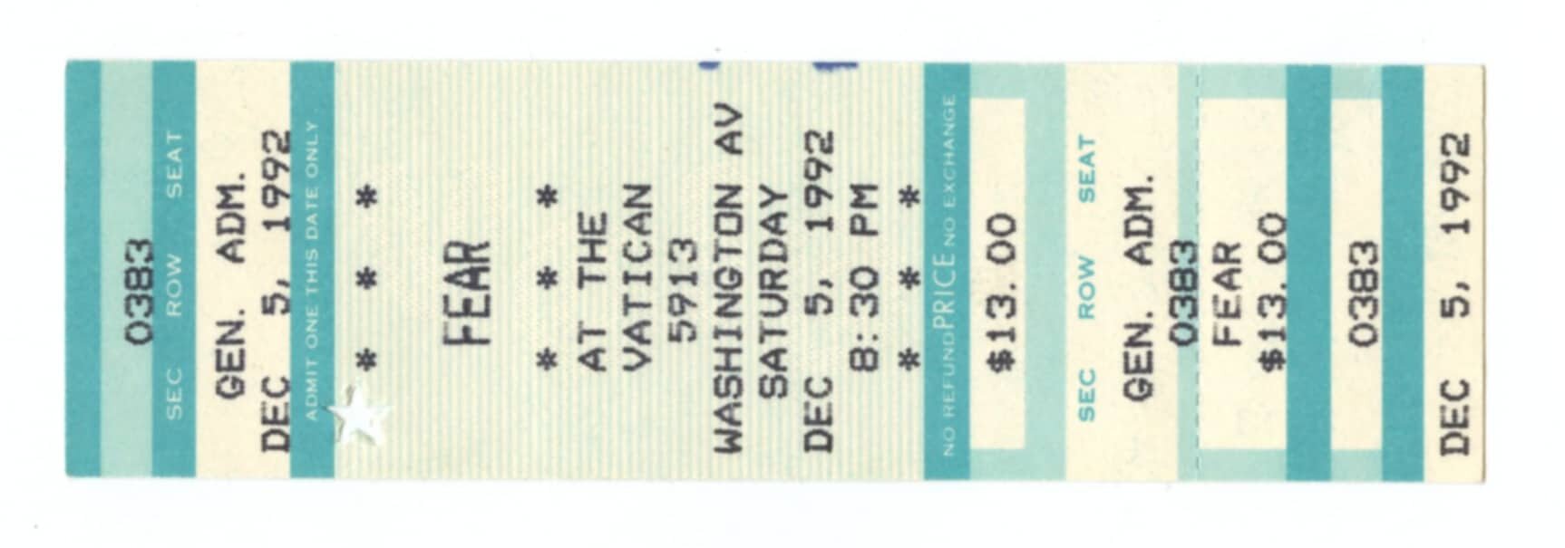 Fear Vintage Ticket Stub 1992 Dec 5 The Vatican Houston