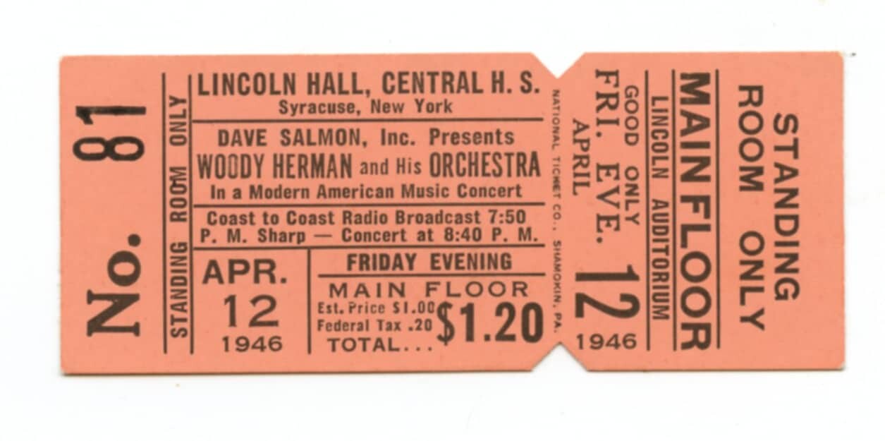 Woody Herman Ticket Vintage Stub 1946 Apr 12 Lincoln Hall Syracuse