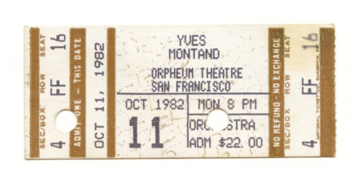 Yves Montand Ticket Vintage Stub 1982 Oct 11 Orpheum Theatre San Francisco
