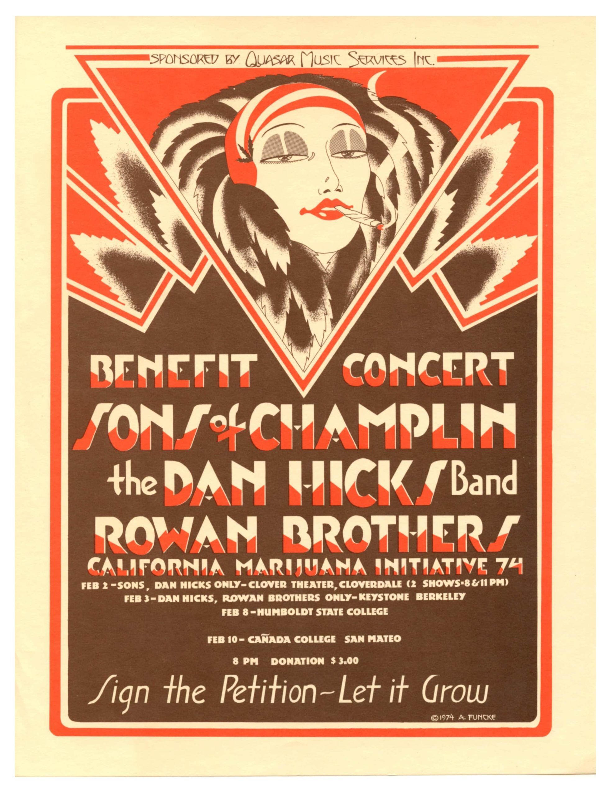 California Marijuana Initiative Benefit Concerts Handbill 1974 Sons of Champlin Dan Hicks