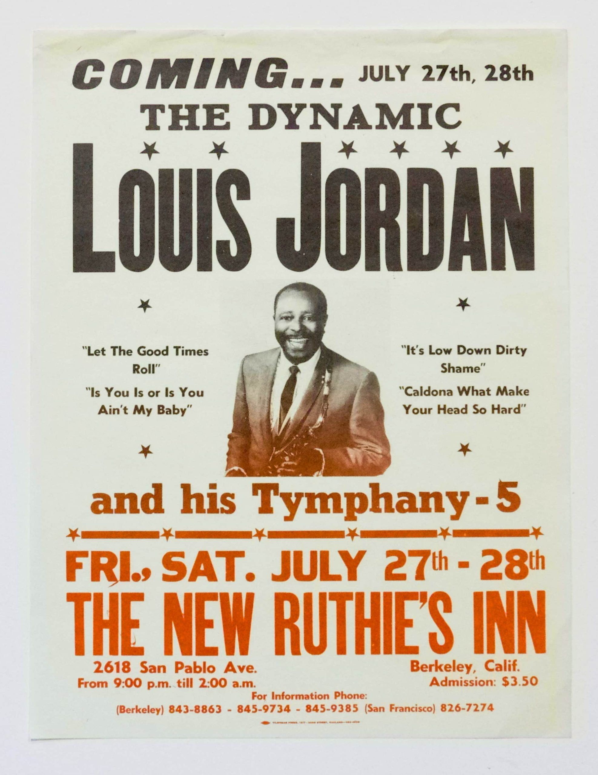 Louis Jordan Handbill 1973 Jul 27 The New Ruthie's Inn Berkeley
