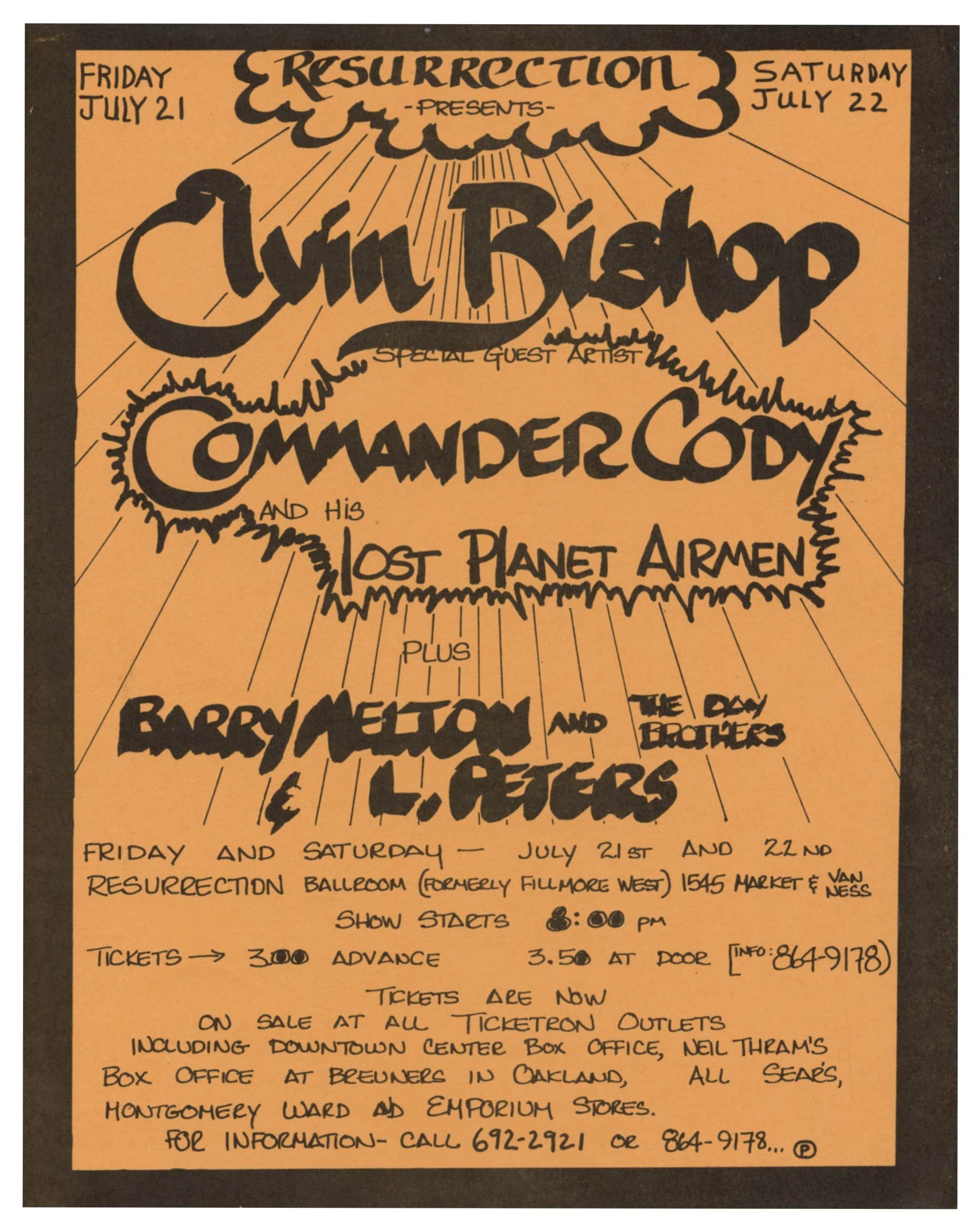 Elvin Bishop Commander Cody Handbill 1972 Resurrection Ballroom San Francisco 