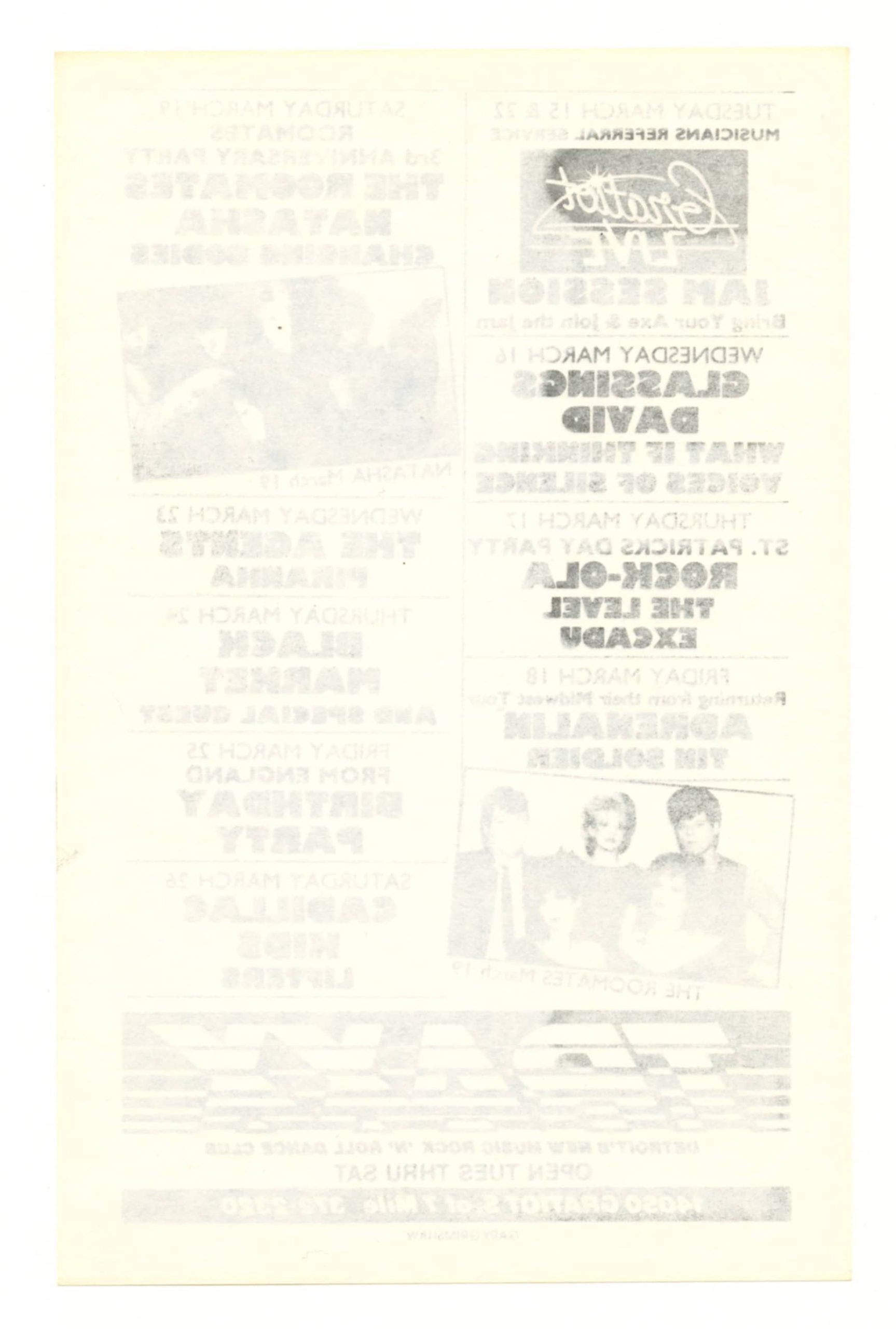 TRAXX Handbill 1983 March Roommates Natasha Black Market Gary Grimshaw