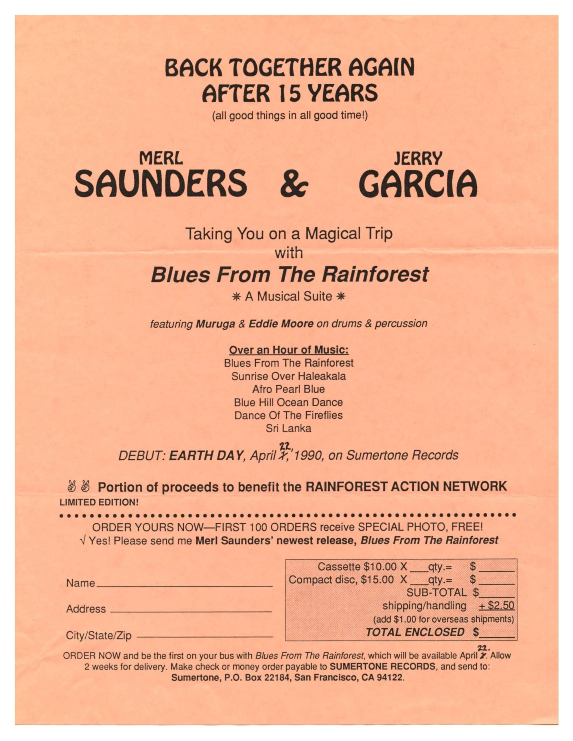 Merl Saunder Jerry Garcia Blues from the Rain Forest CD Order Mailer Form 1990