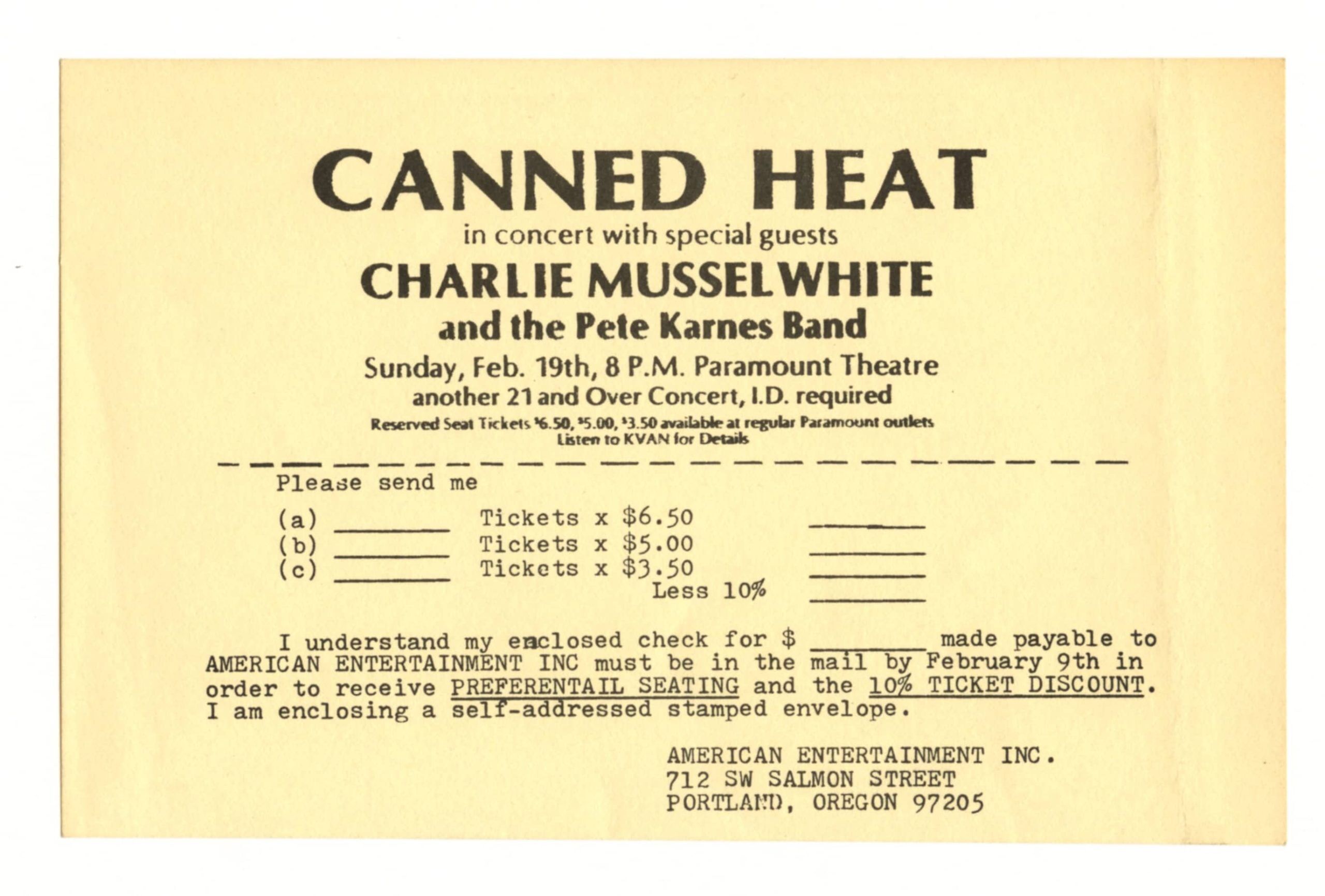 Canned Heat Ticket Order Form 1978 Feb 19 Paramount Theatre Portland