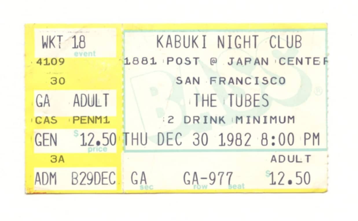 The Tubes Vintage Ticket Stub 1982 Dec 30 Kabuki Club San Francisco