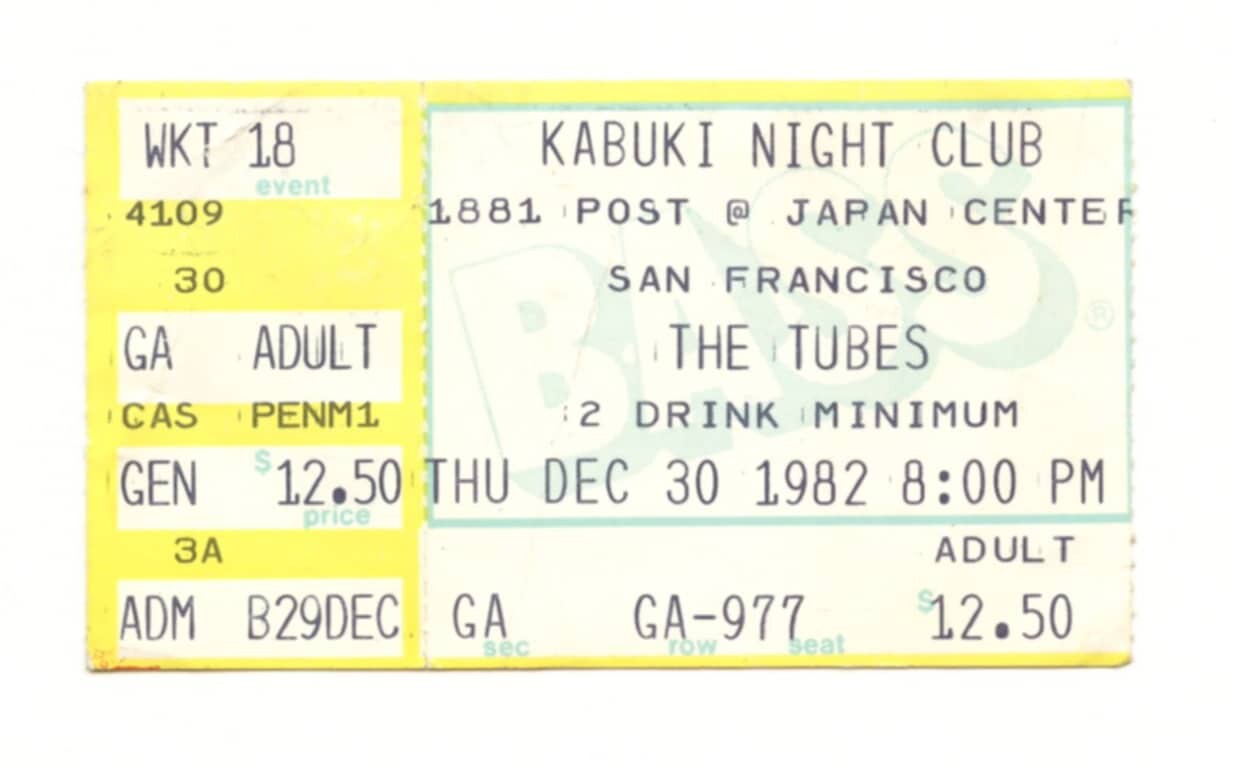 The Tubes Ticket Vintage Stub 1982 Dec 30 Kabuki Club San Francisco