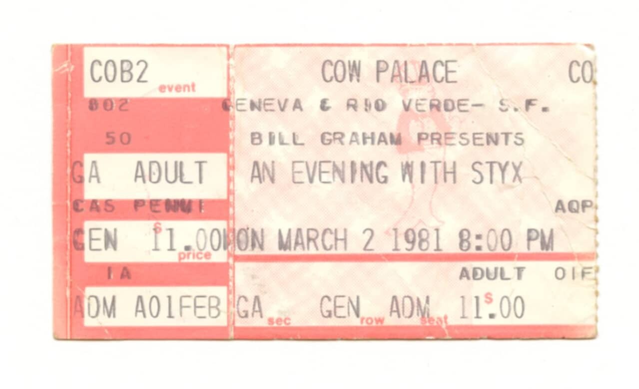 Styx Vintage Ticket Stub 1981 Mar 2 Cow Palace San Francisco